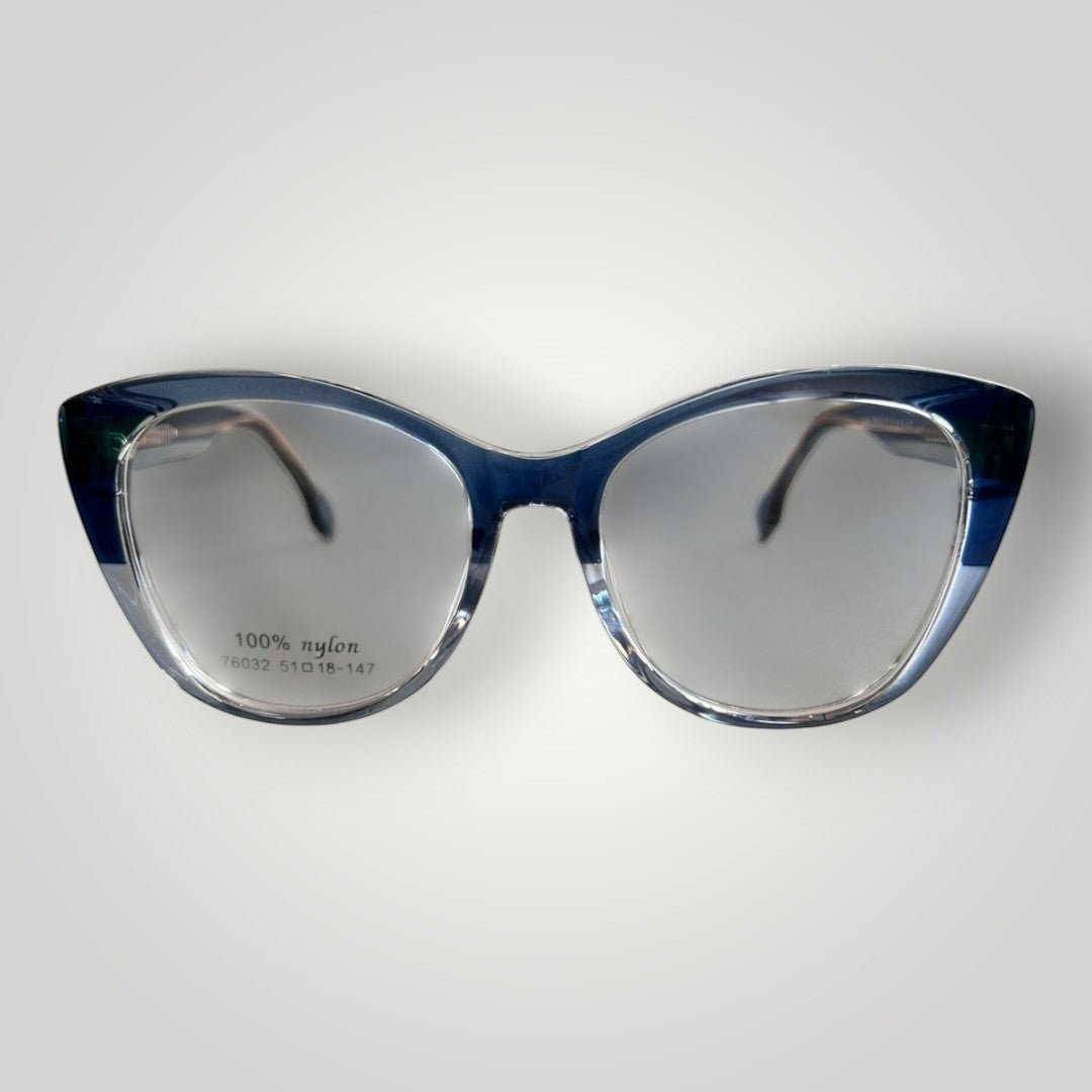 W One Brand Store dark blue and transparent light blue acetate cat-eye sunglasses with UV400 protection.
