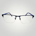 W One Brand Store blue rectangular metal and acetate eyeglasses with clear lenses.