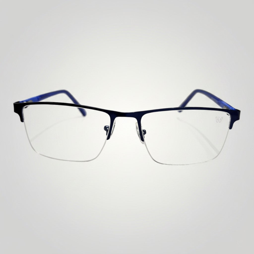 W One Brand Store blue rectangular metal and acetate eyeglasses with clear lenses.