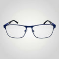 W One Brand Store dark blue rectangular metal glasses with rubberized temples and blue accents, includes clip-on lenses.
