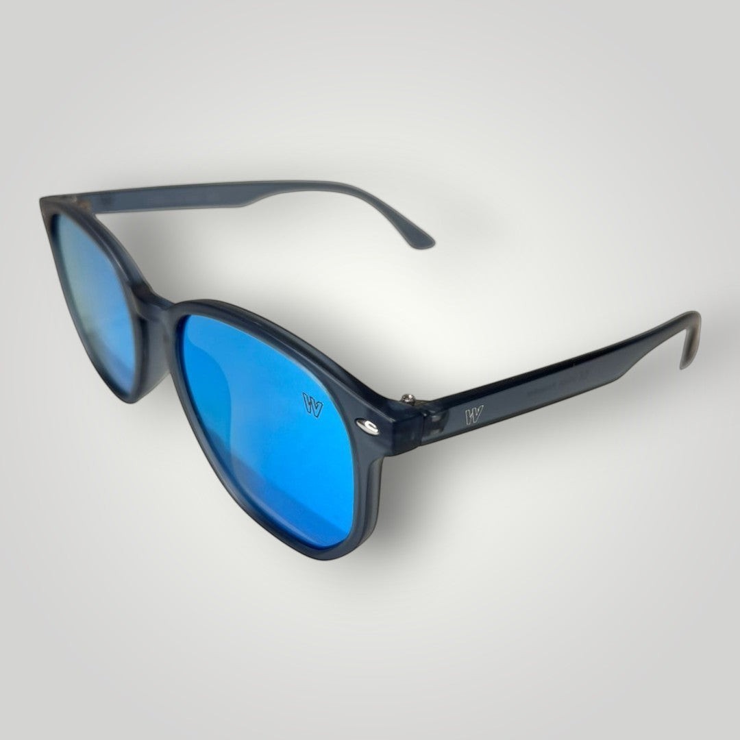W One Brand Store retro-style sunglasses with blue mirrored lenses and transparent blue acetate temples. UV400 protection.