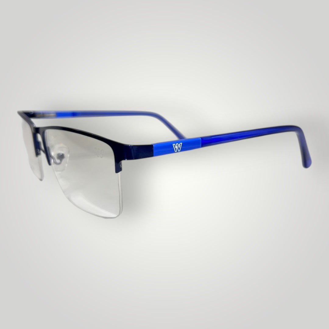 W One Brand Store blue rectangular metal and acetate eyeglasses with a modern, sophisticated design.