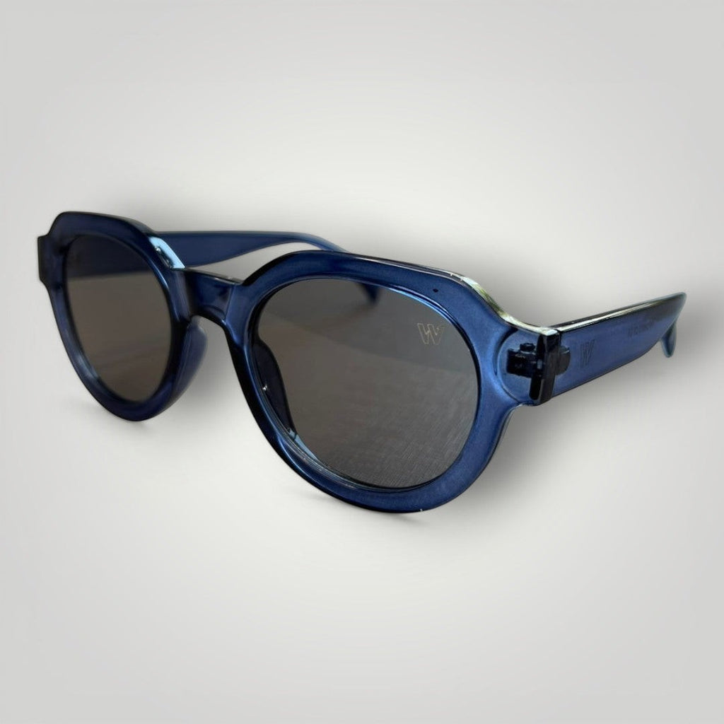 W One Brand Store blue acetate round sunglasses with black lenses and UV400 protection.