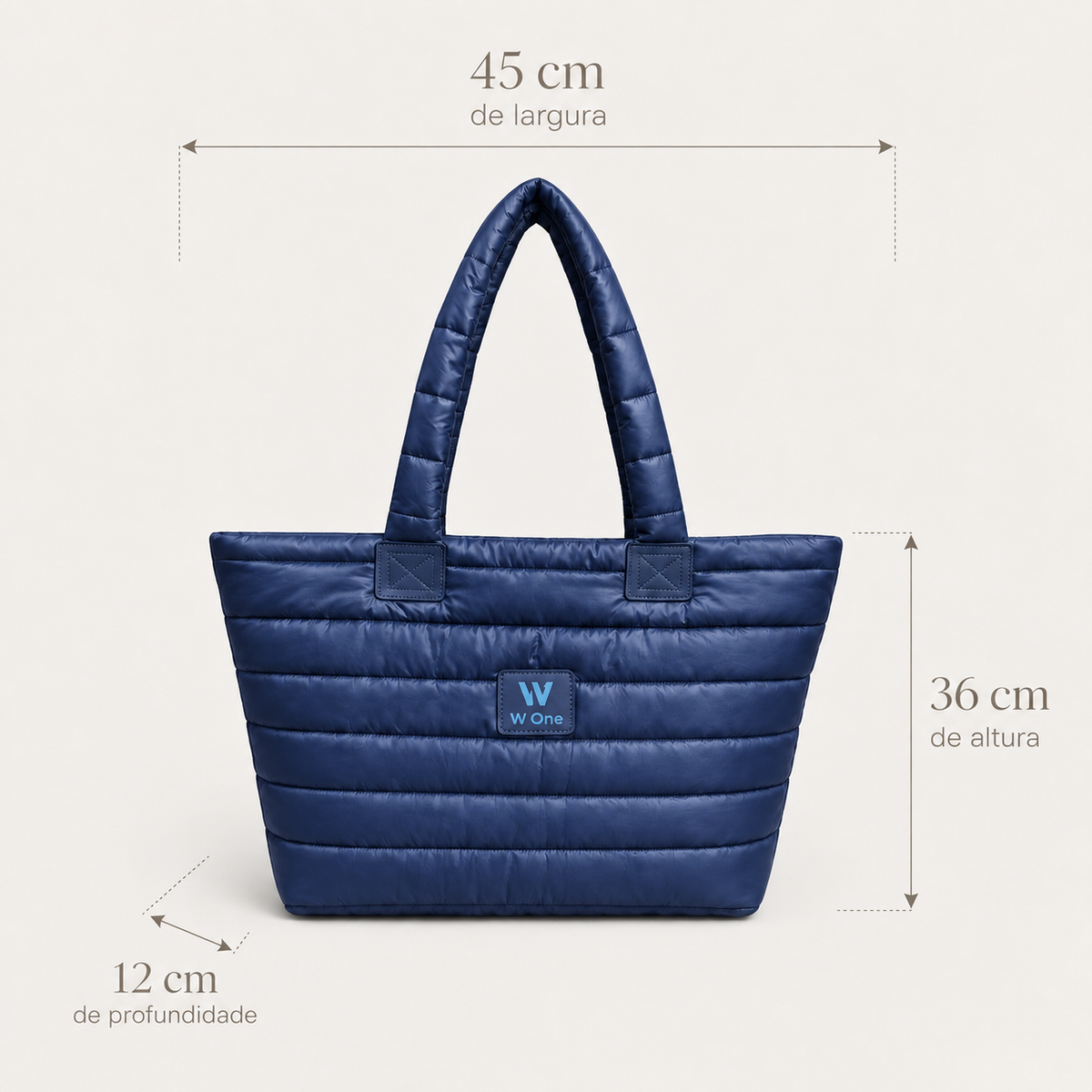 Bolsa W One Brand Store modelo Move Puffer grande na cor azul marinho com medidas de altura, largura e profundidade.