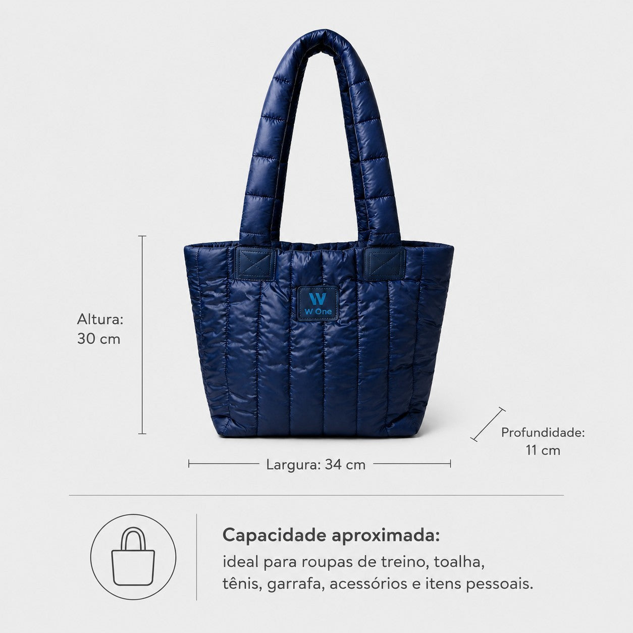 Bolsa W One Brand Store Move Puffer azul marinho com alças de ombro e medidas técnicas indicadas