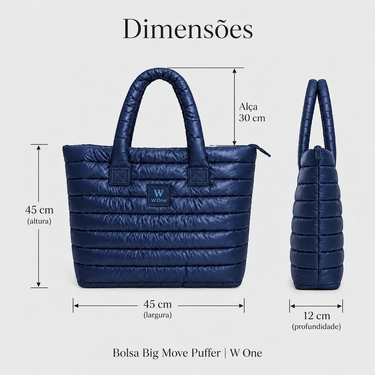 Bolsa Big Move Puffer W One Brand Store azul marinho com medidas detalhadas, design acolchoado e alças resistentes.