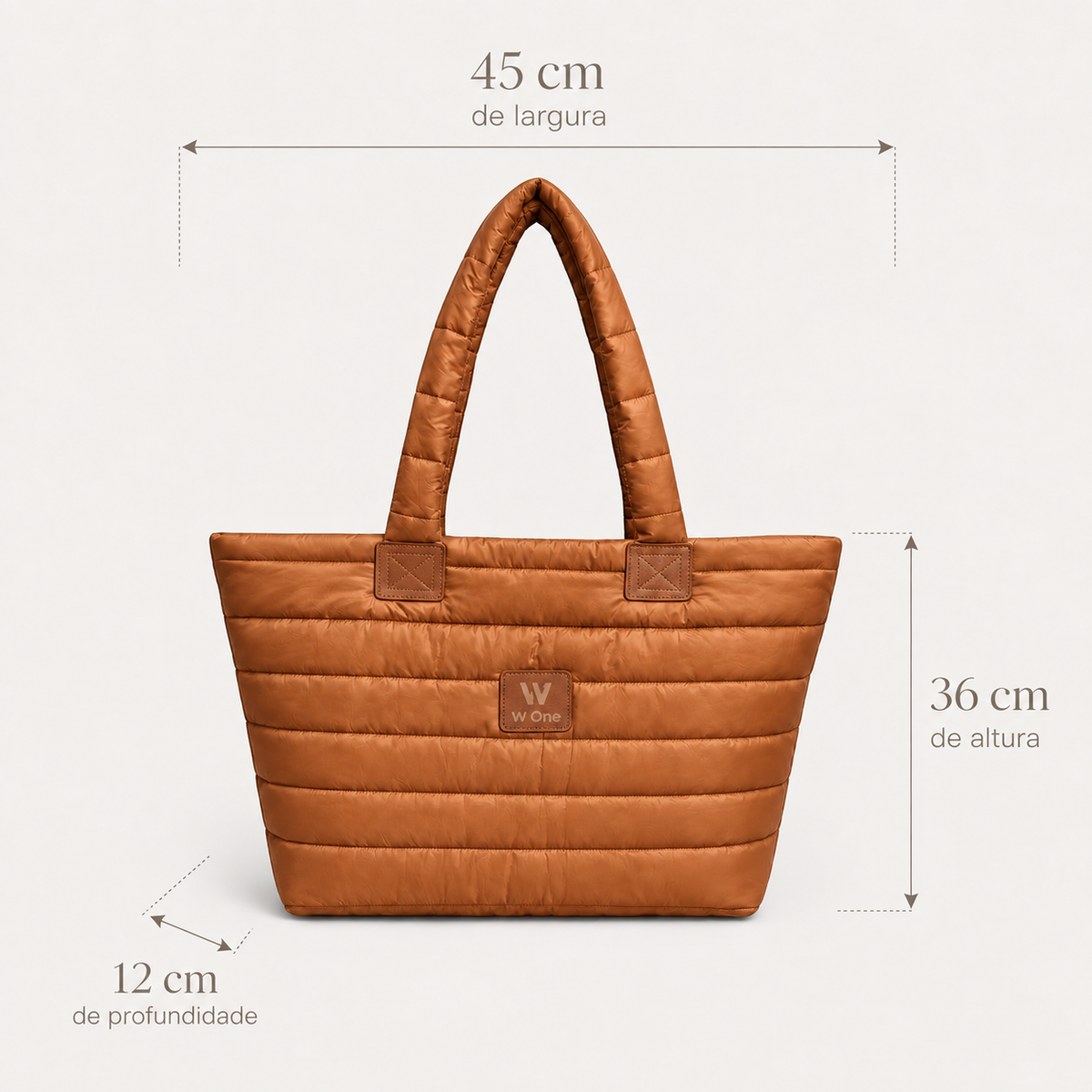 Bolsa W One Brand Store Move Puffer grande na cor caramelo com acabamento acolchoado e medidas de dimensão