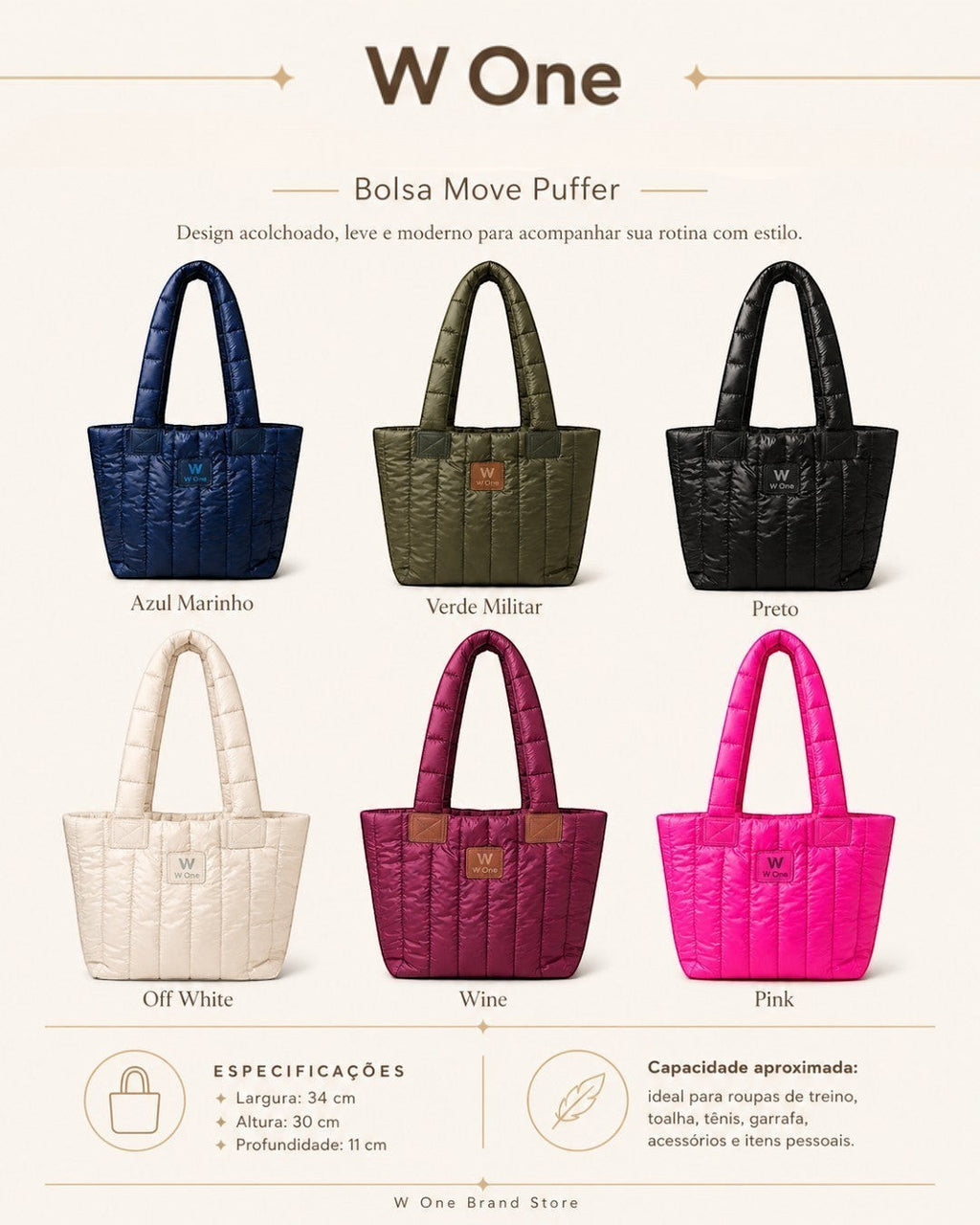 Bolsa W One Brand Store Move Puffer acolchoada disponível em seis cores para treino e uso diário.