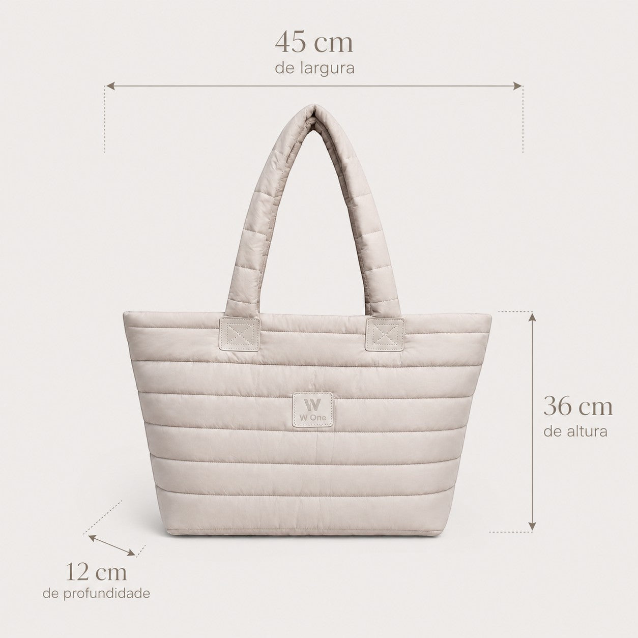 Bolsa W One Brand Store Move Puffer grande off white acolchoada com medidas de largura, altura e profundidade indicadas