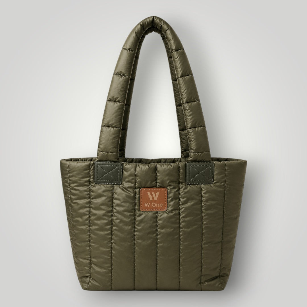 Bolsa W One Brand Store Move Puffer verde militar com acabamento acolchoado e etiqueta frontal em couro sintético