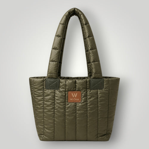 Bolsa W One Brand Store Move Puffer verde militar com acabamento acolchoado e etiqueta frontal em couro sintético