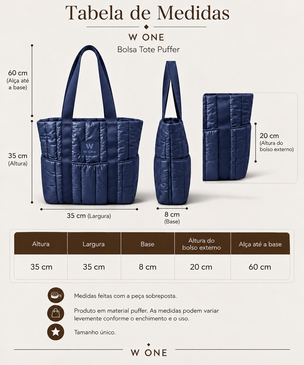 Tabela de medidas da bolsa tote puffer azul marinho W One Brand Store com detalhes de altura, largura e bolsos.
