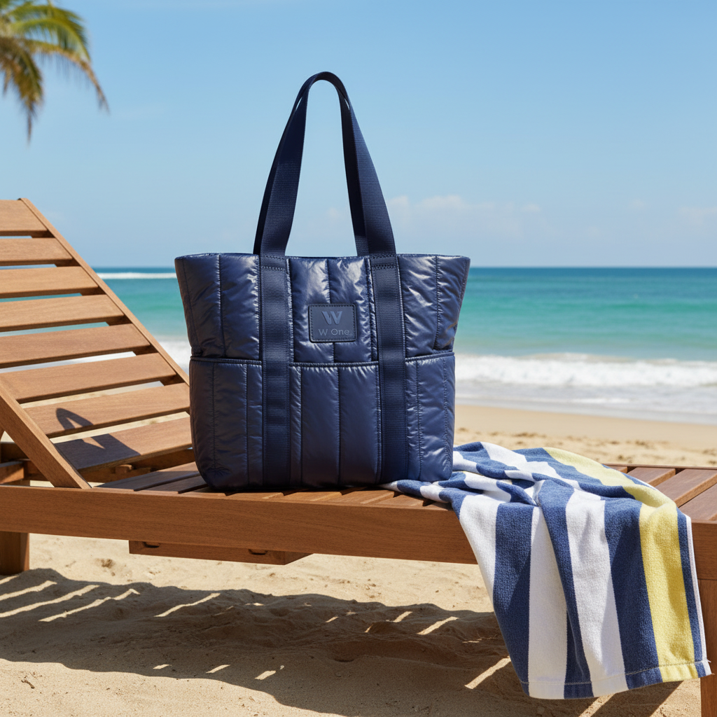 Bolsa tote puffer azul marinho W One Brand Store com bolsos externos e alças reforçadas sobre espreguiçadeira na praia.