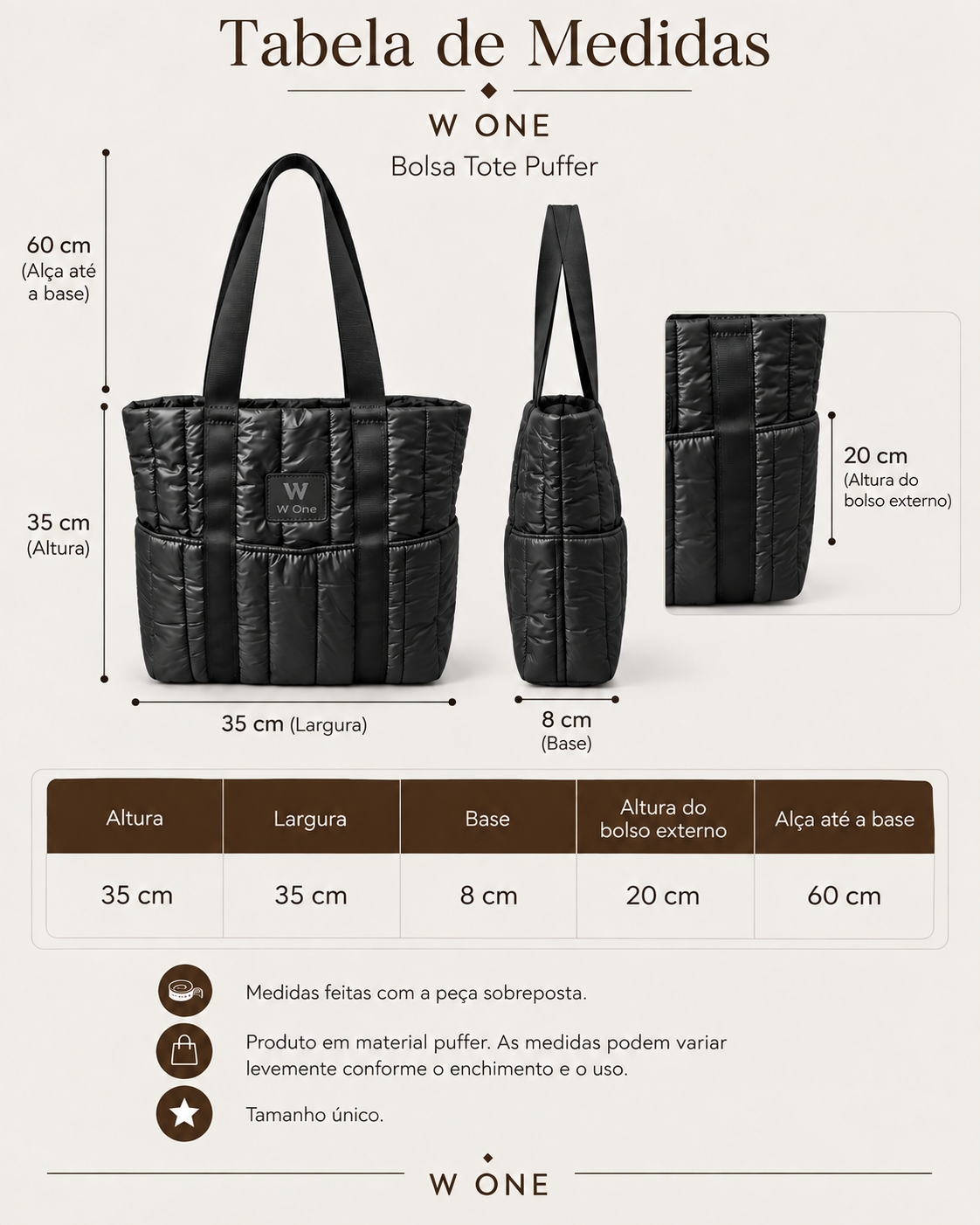 Bolsa Tote Puffer preta W One Brand Store com alças longas, bolsos externos e medidas detalhadas em infográfico.