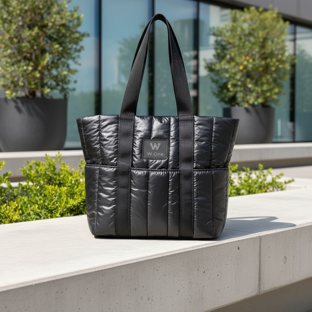 Bolsa tote puffer preta W One Brand Store com alças reforçadas e bolsos externos, ideal para rotina casual.