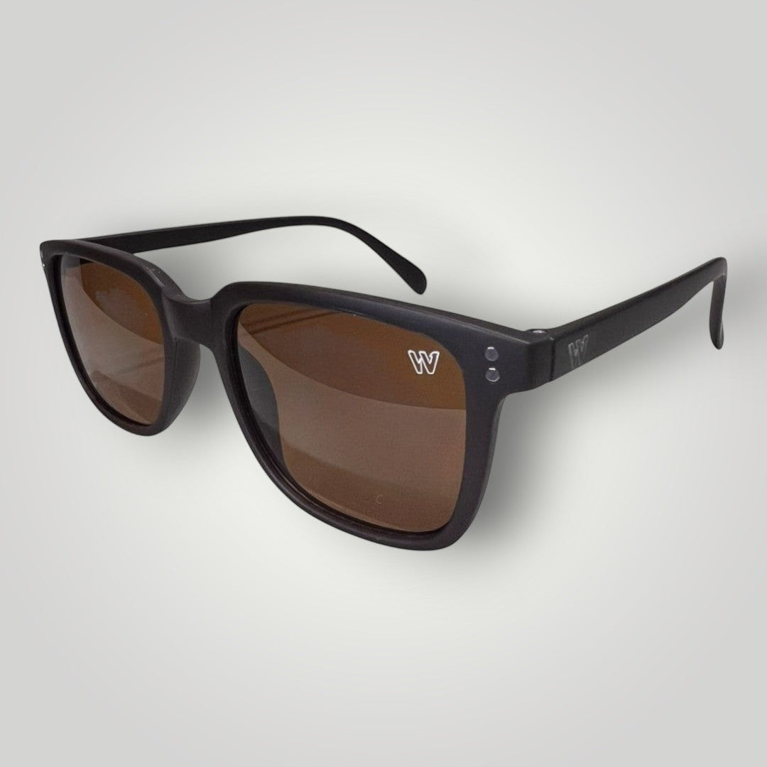W One Brand Store matte brown acetate square sunglasses with brown lenses and subtle W logo detail.