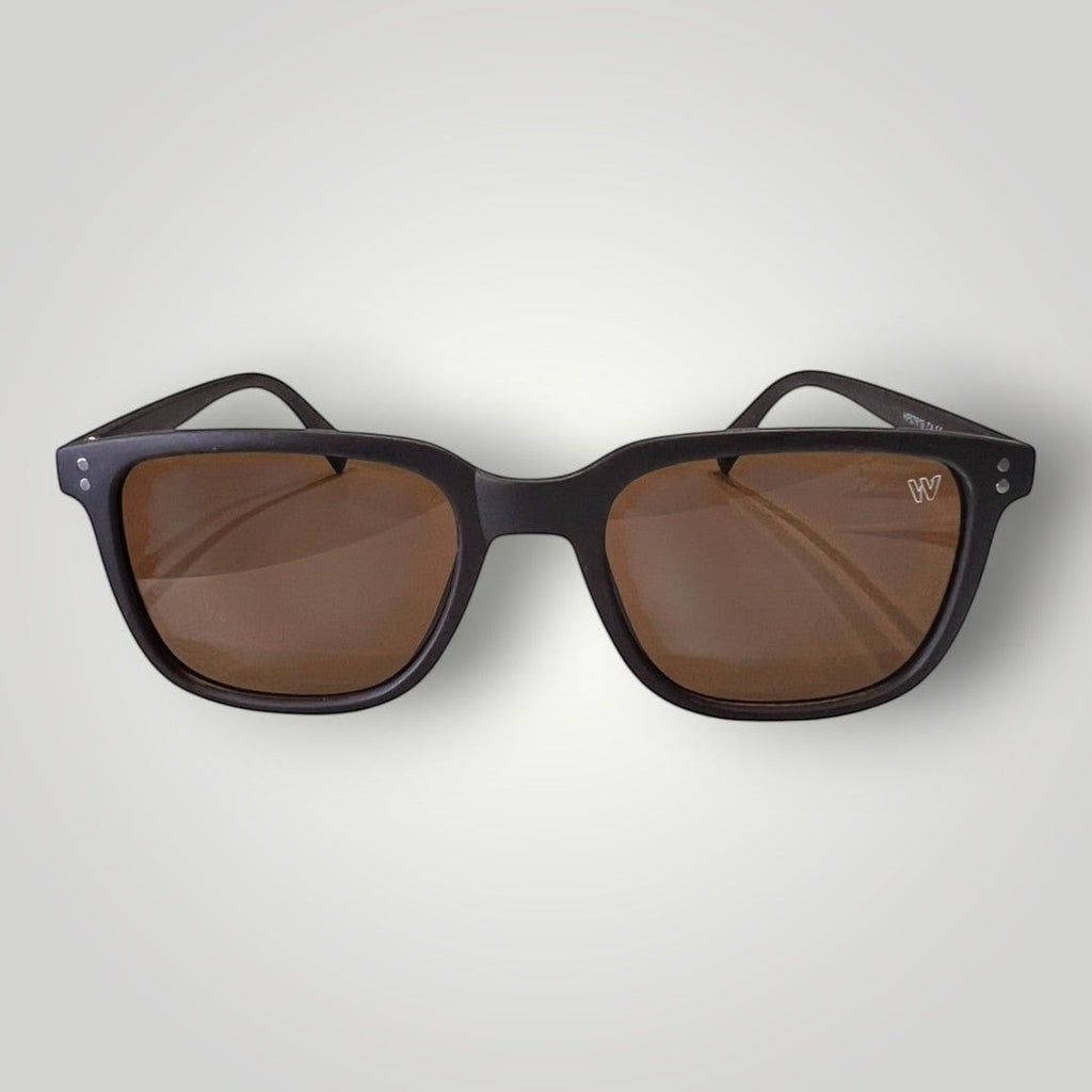 W One Brand Store matte brown acetate square sunglasses with brown lenses and UV400 protection.