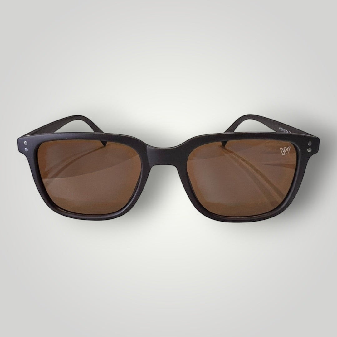 W One Brand Store matte brown acetate square sunglasses with brown lenses and UV400 protection.