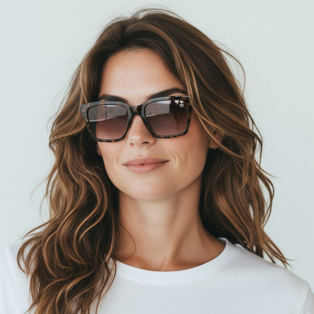 W One Brand Store premium square brown camouflage acetate sunglasses with gradient brown lenses and UV400 protection.