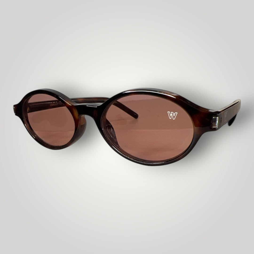W One Brand Store brown camouflage acetate round sunglasses with pink lenses and UV400 protection.