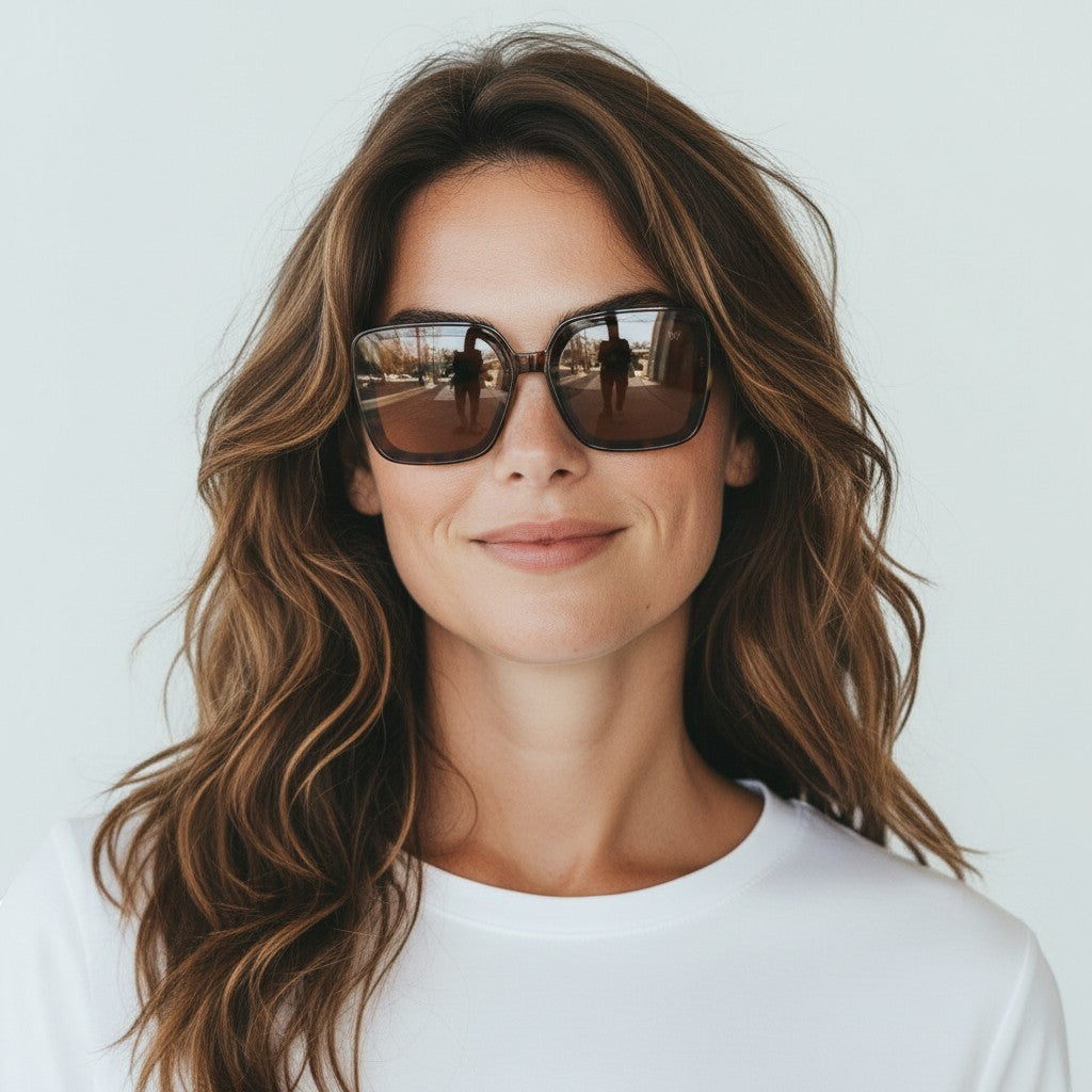 W One Brand Store maxi square acetate sunglasses in brown camouflage with brown lenses, featuring UV400 protection.