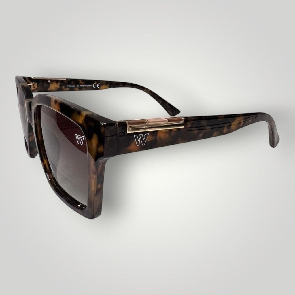 W One Brand Store premium square acetate sunglasses in brown camouflage with brown lenses and gold accents.