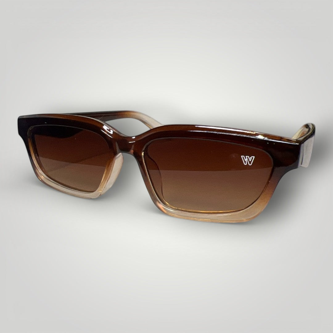 W One Brand Store rectangular acetate sunglasses with brown gradient temples and brown gradient lenses, featuring UV400 protection.