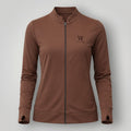 W One Brand Store brown polyamide fitness jacket with thumbholes and zipper closure.