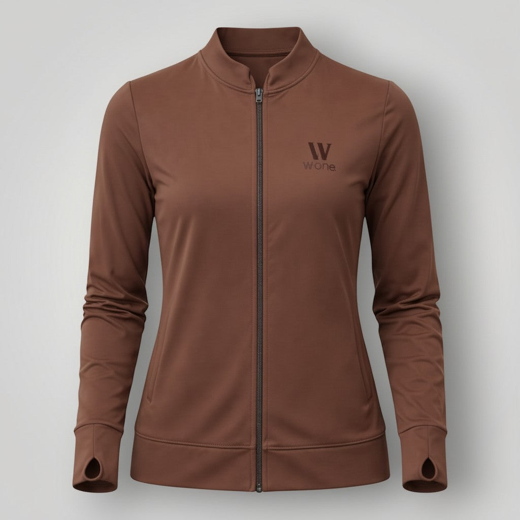 W One Brand Store brown polyamide fitness jacket with thumbholes and zipper closure.