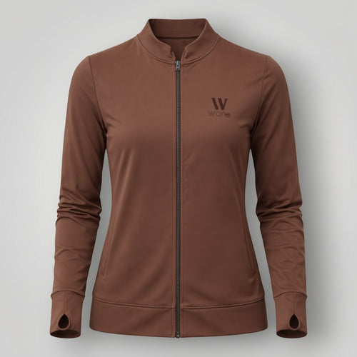 W One Brand Store brown polyamide fitness jacket with thumbholes and zipper closure.