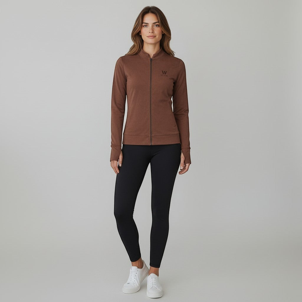 W One Brand Store brown polyamide fitness jacket with thumbholes and zip closure, ideal for workouts.