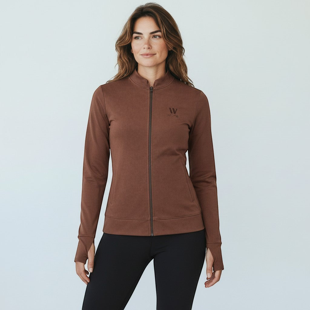 W One Brand Store brown polyamide fitness jacket with thumbholes and zip-up front.