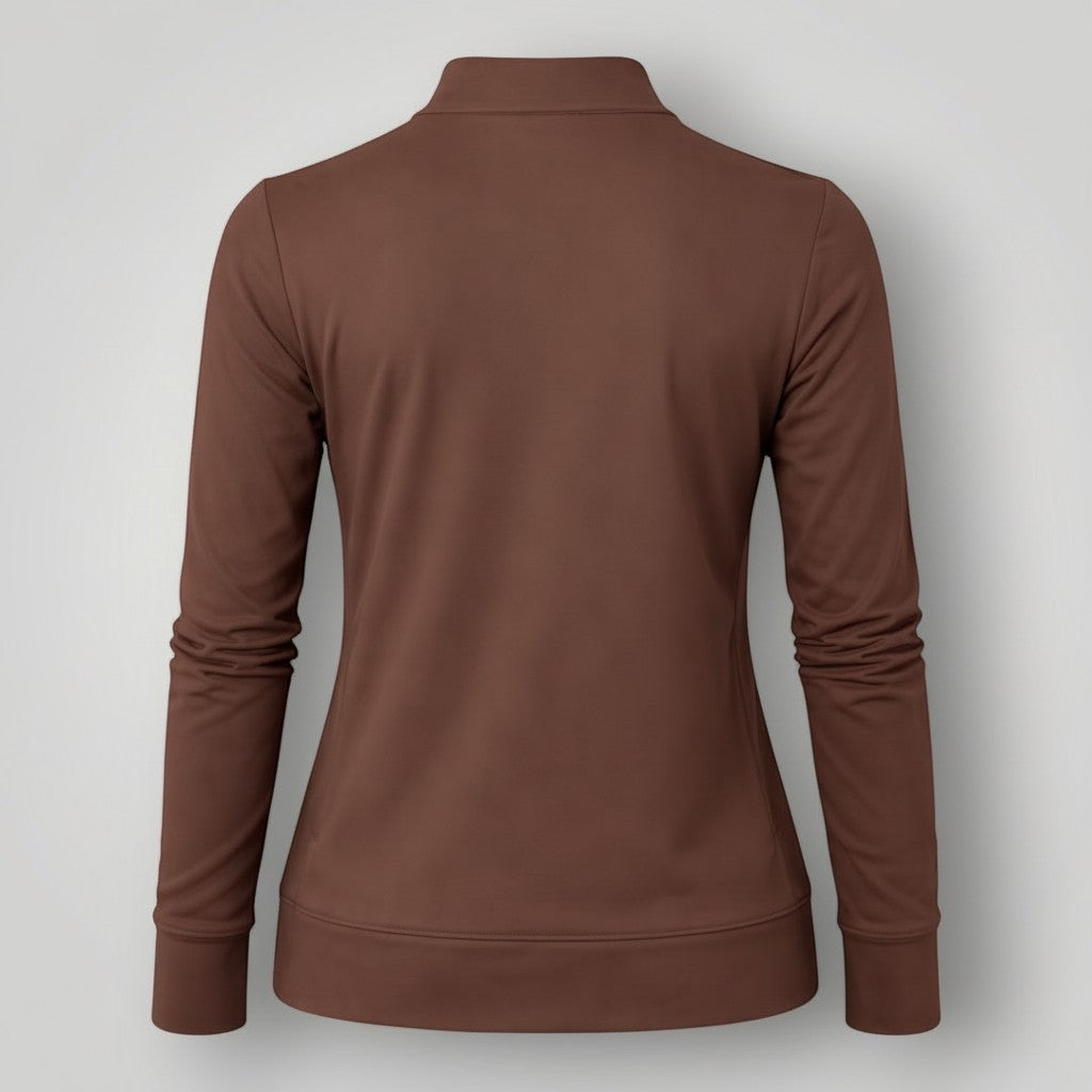 W One Brand Store brown polyamide fitness jacket with thumbholes and mock neck, ideal for workouts.