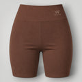 W One Brand Store brown polyamide fitness shorts with wide waistband and subtle logo detail, ideal for workouts.