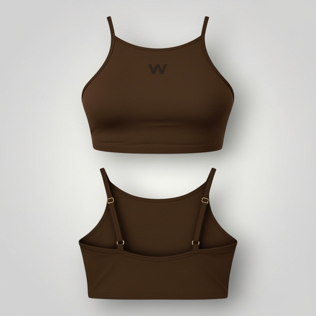 W One Brand Store brown high-neck fitness top with adjustable straps and back band, made of polyamide.