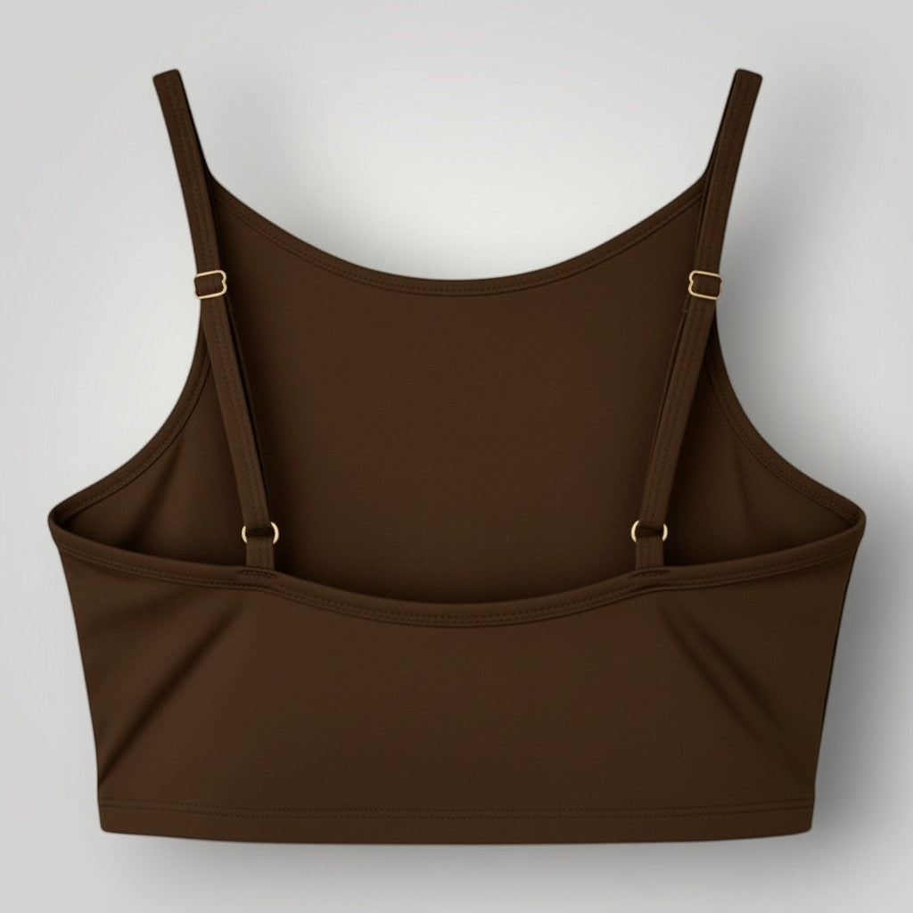 W One Brand Store brown high-neck polyamide fitness top with adjustable straps and back band