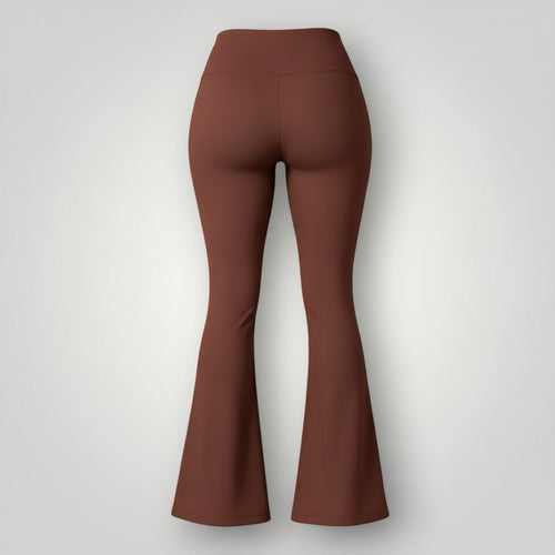 W One Brand Store brown polyamide flare fitness pants with wide waistband and SUN PRO UV protection.