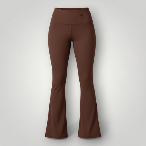 W One Brand Store brown polyamide flare fitness pants with wide waistband and sun protection.