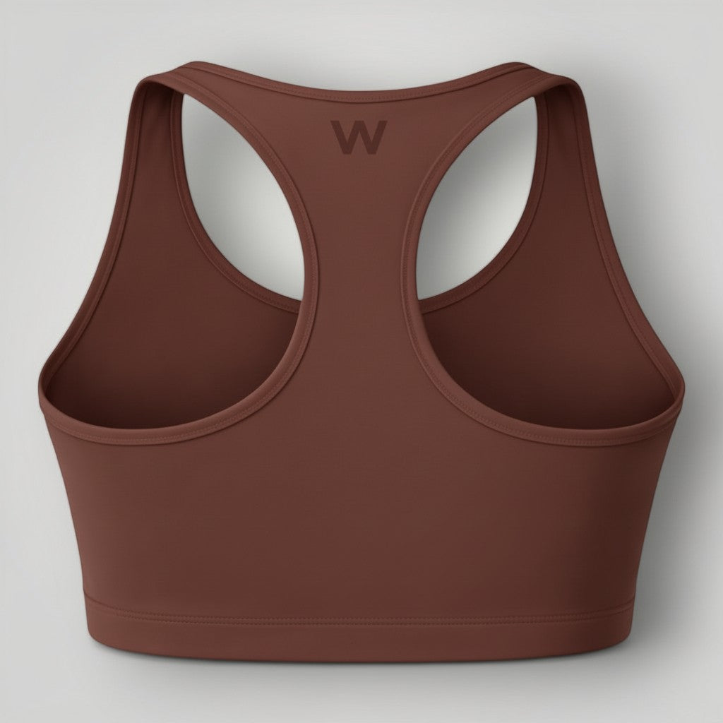 W One Brand Store brown polyamide racerback fitness top with subtle 'W' logo detail. Ideal for workouts.