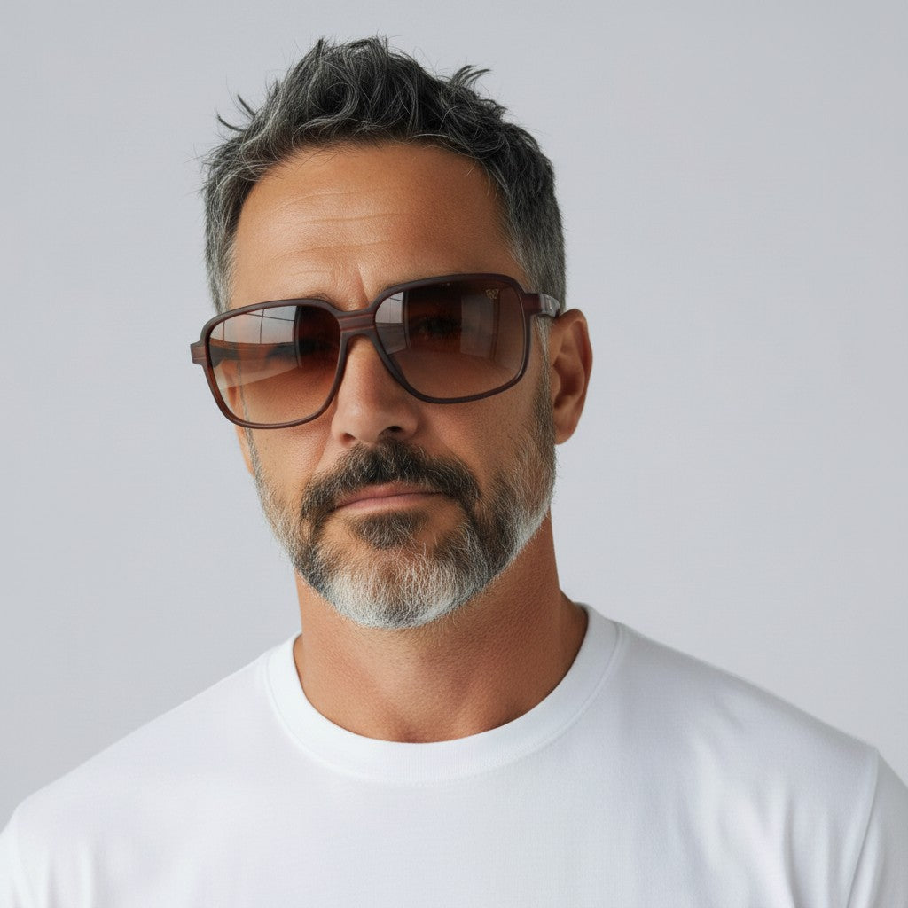 W One Brand Store brown injected sports sunglasses with rubberized brown arms and gradient brown lenses.