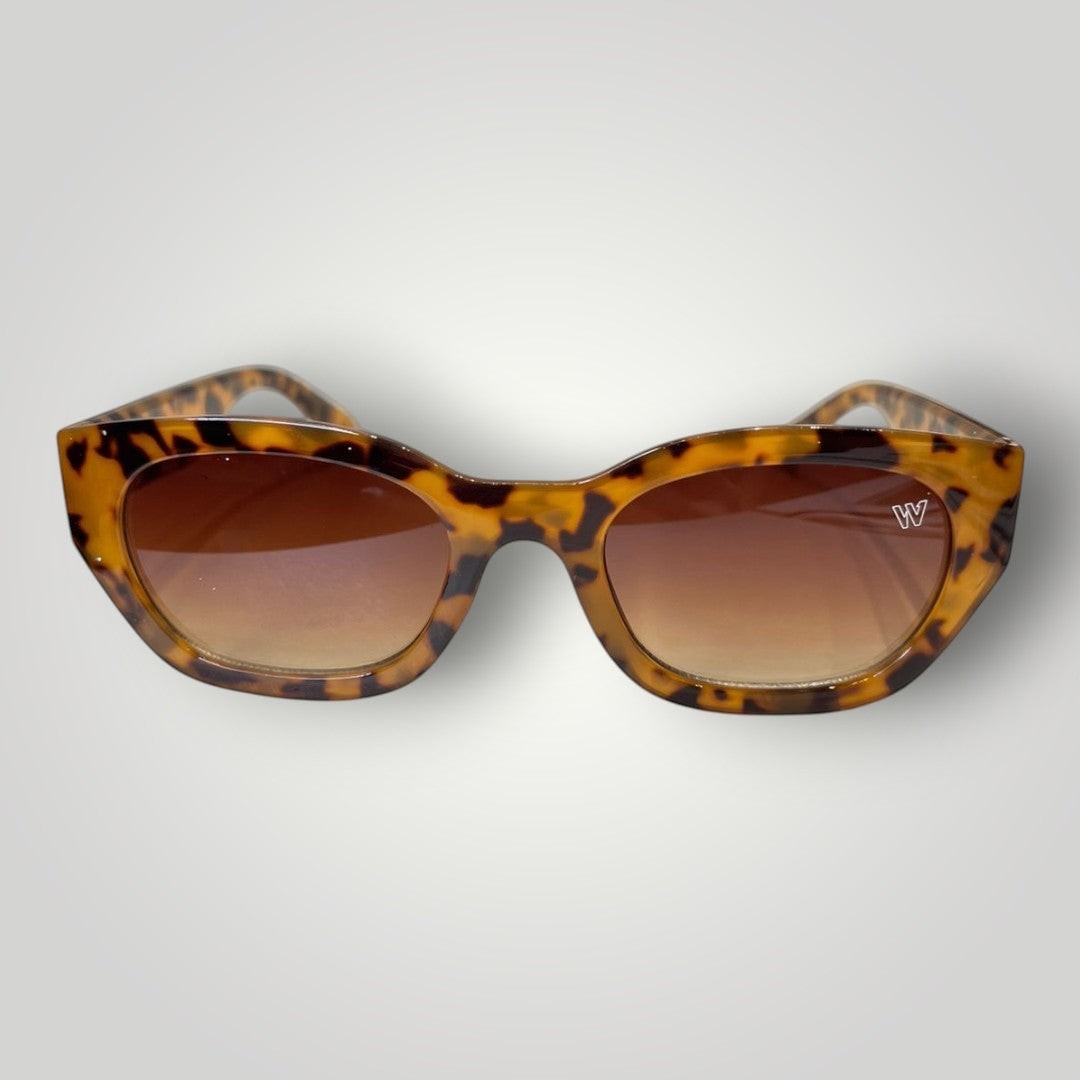 W One Brand Store cat-eye sunglasses in brown tortoise shell acetate with gradient brown lenses and UV400 protection.