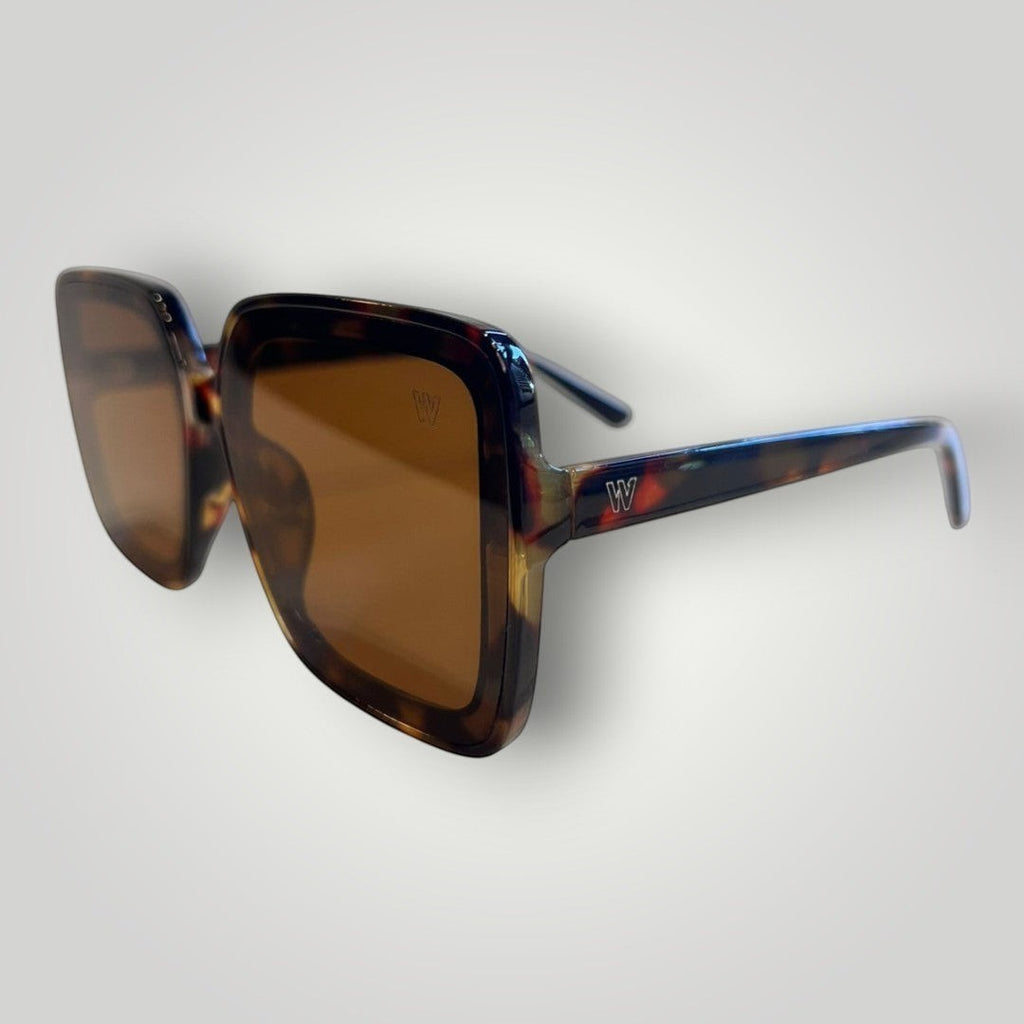 W One Brand Store maxi square brown tortoise shell acetate sunglasses with brown lenses and UV400 protection.