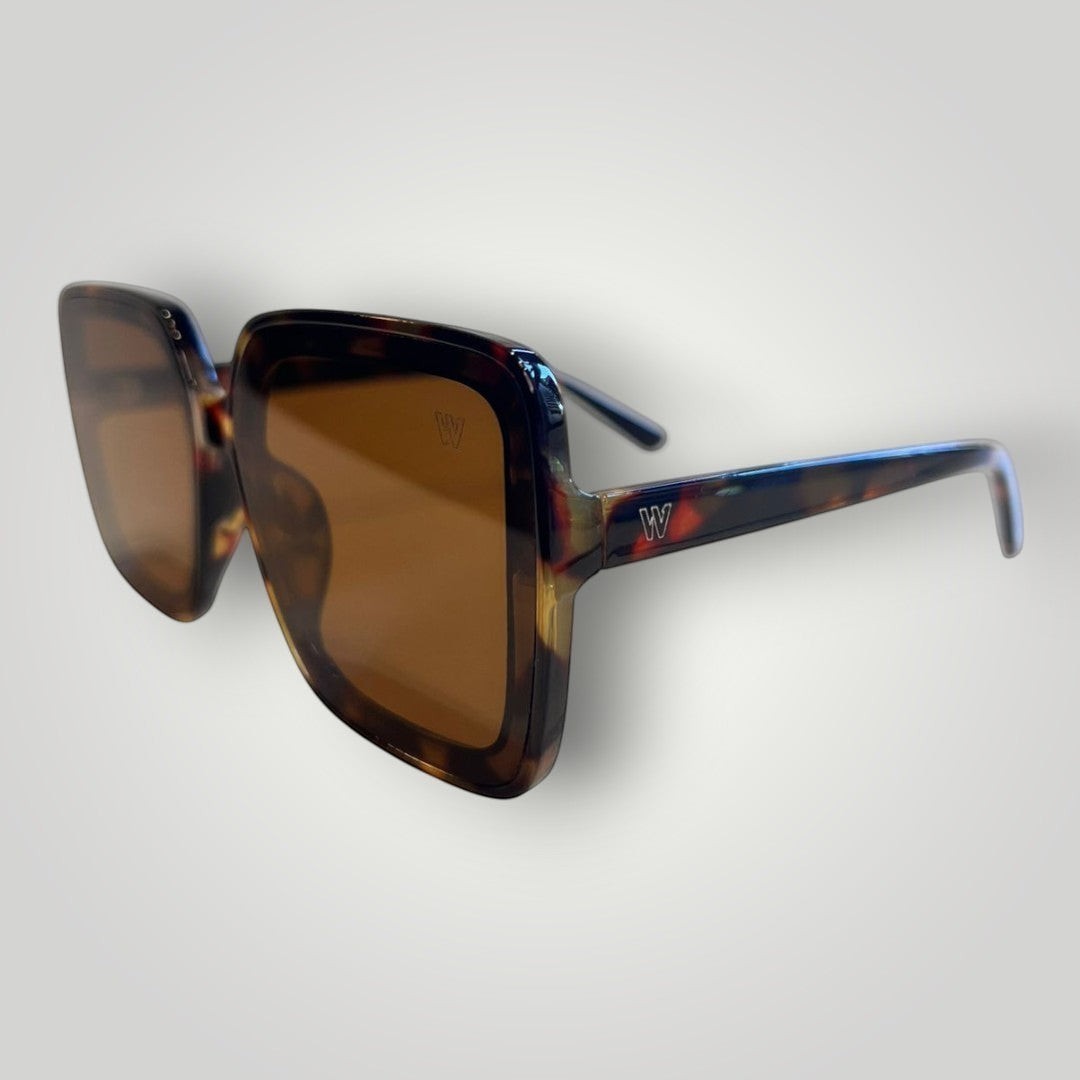 W One Brand Store maxi square brown tortoise shell acetate sunglasses with brown lenses and UV400 protection.