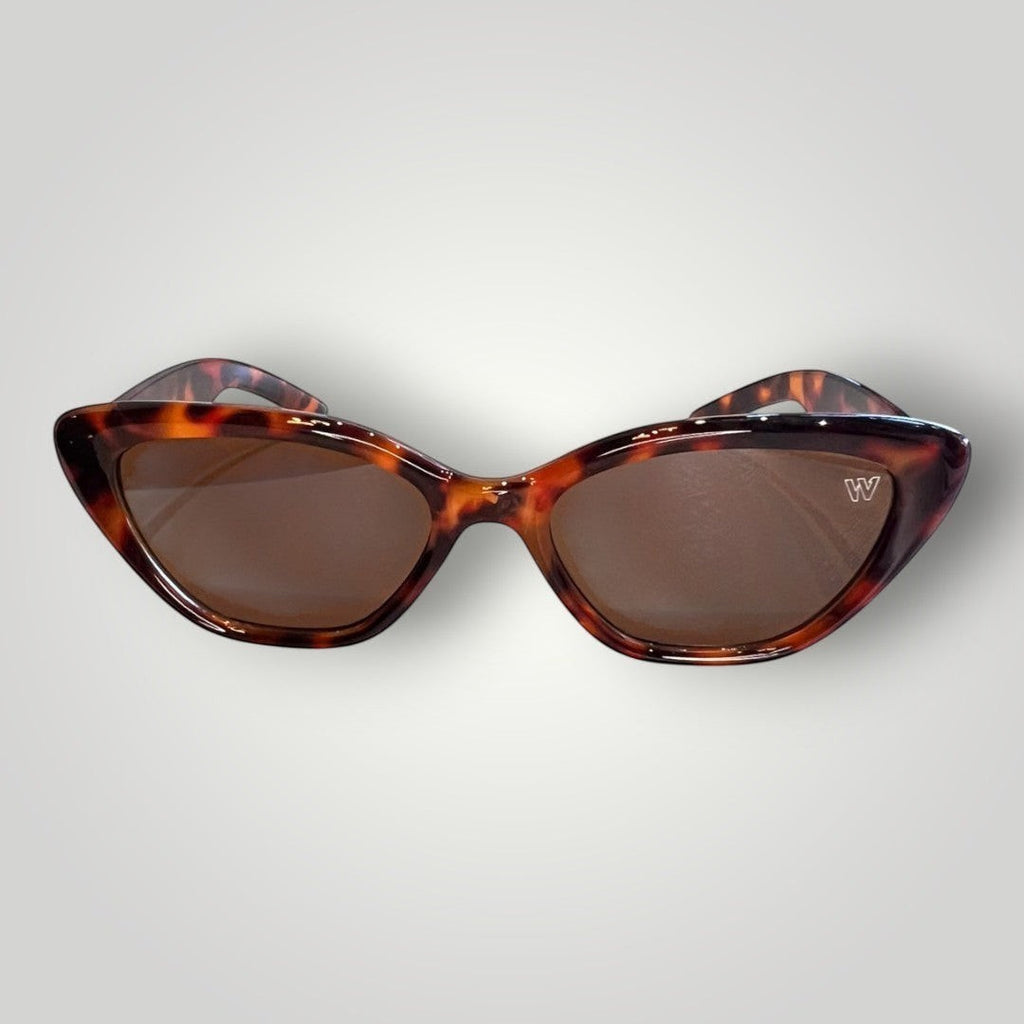 W One Brand Store brown tortoiseshell cat-eye acetate sunglasses with brown lenses and UV400 protection.