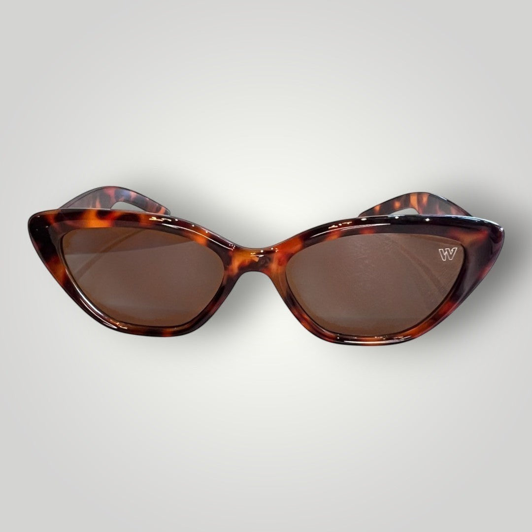W One Brand Store brown tortoiseshell cat-eye acetate sunglasses with brown lenses and UV400 protection.
