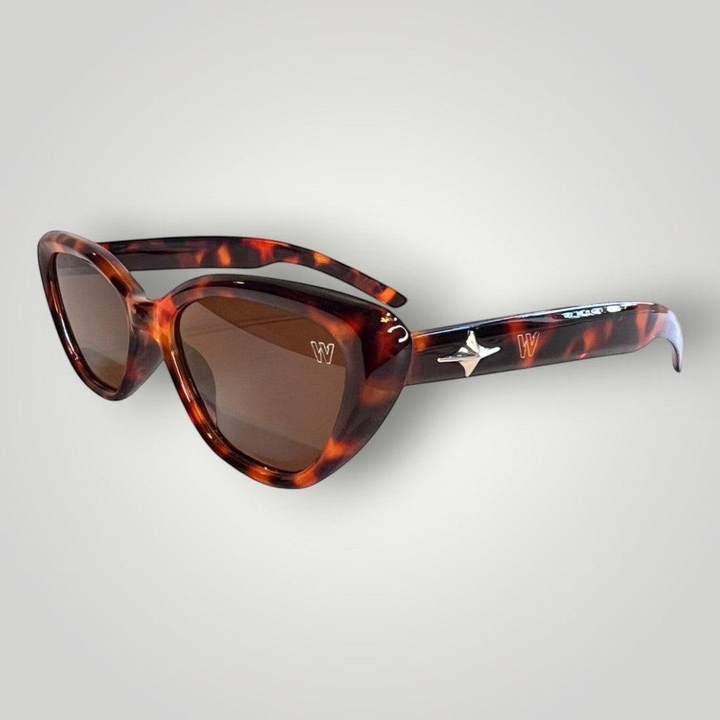 W One Brand Store brown tortoiseshell acetate cat-eye sunglasses with brown lenses and silver logo detail.