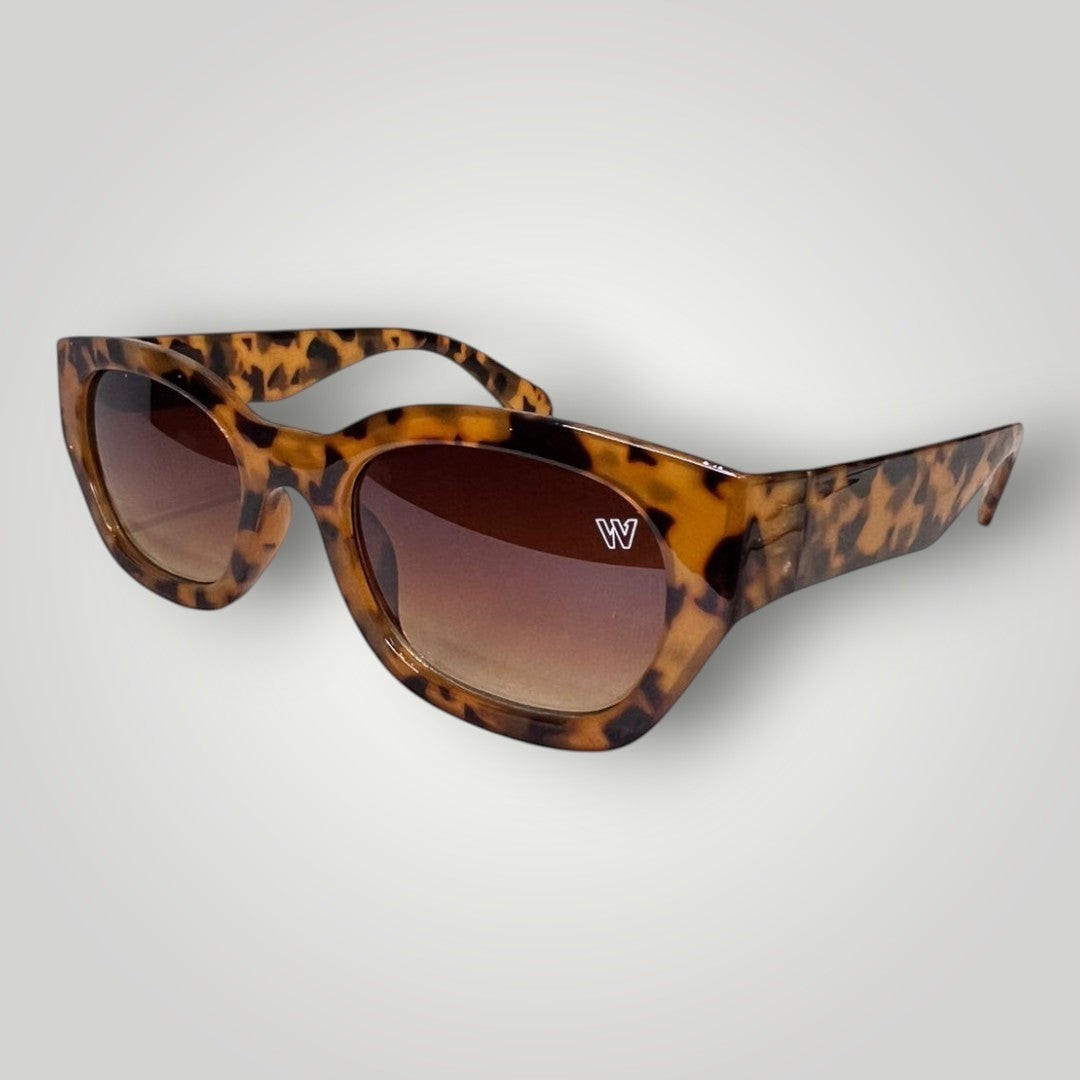 W One Brand Store brown tortoiseshell acetate cat-eye sunglasses with gradient brown lenses and UV400 protection.