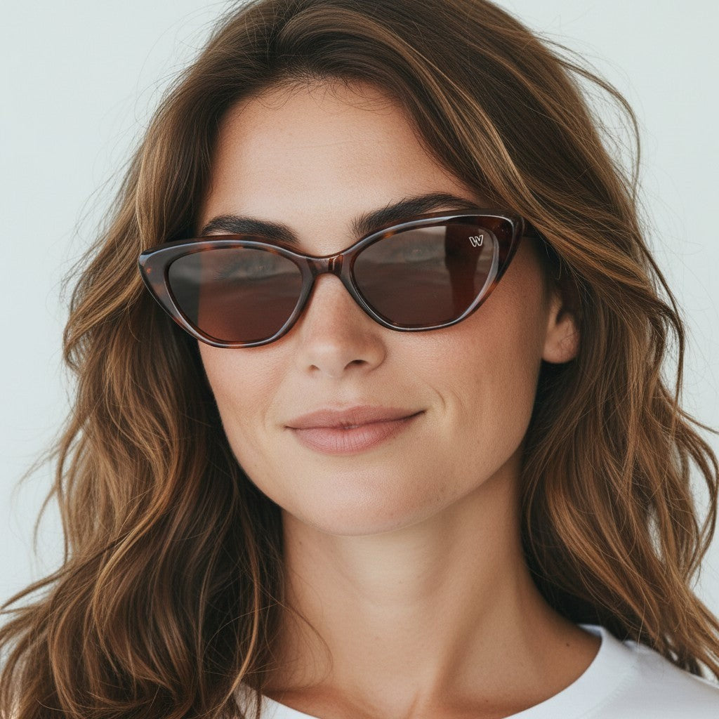 W One Brand Store brown tortoiseshell acetate cat-eye sunglasses with brown lenses and UV400 protection.