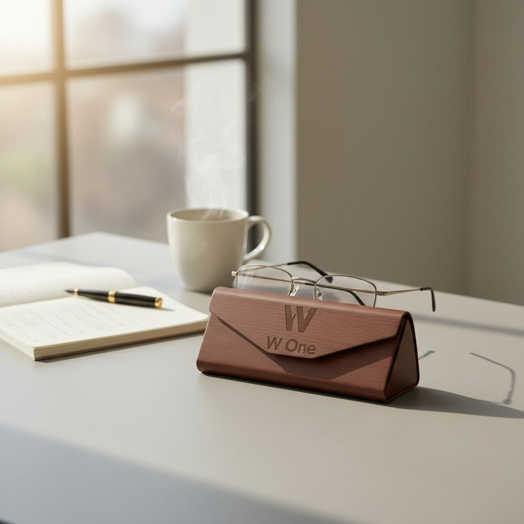 W One Brand Store brown wood grain glasses case with embossed logo, held by a woman in a beige blazer.