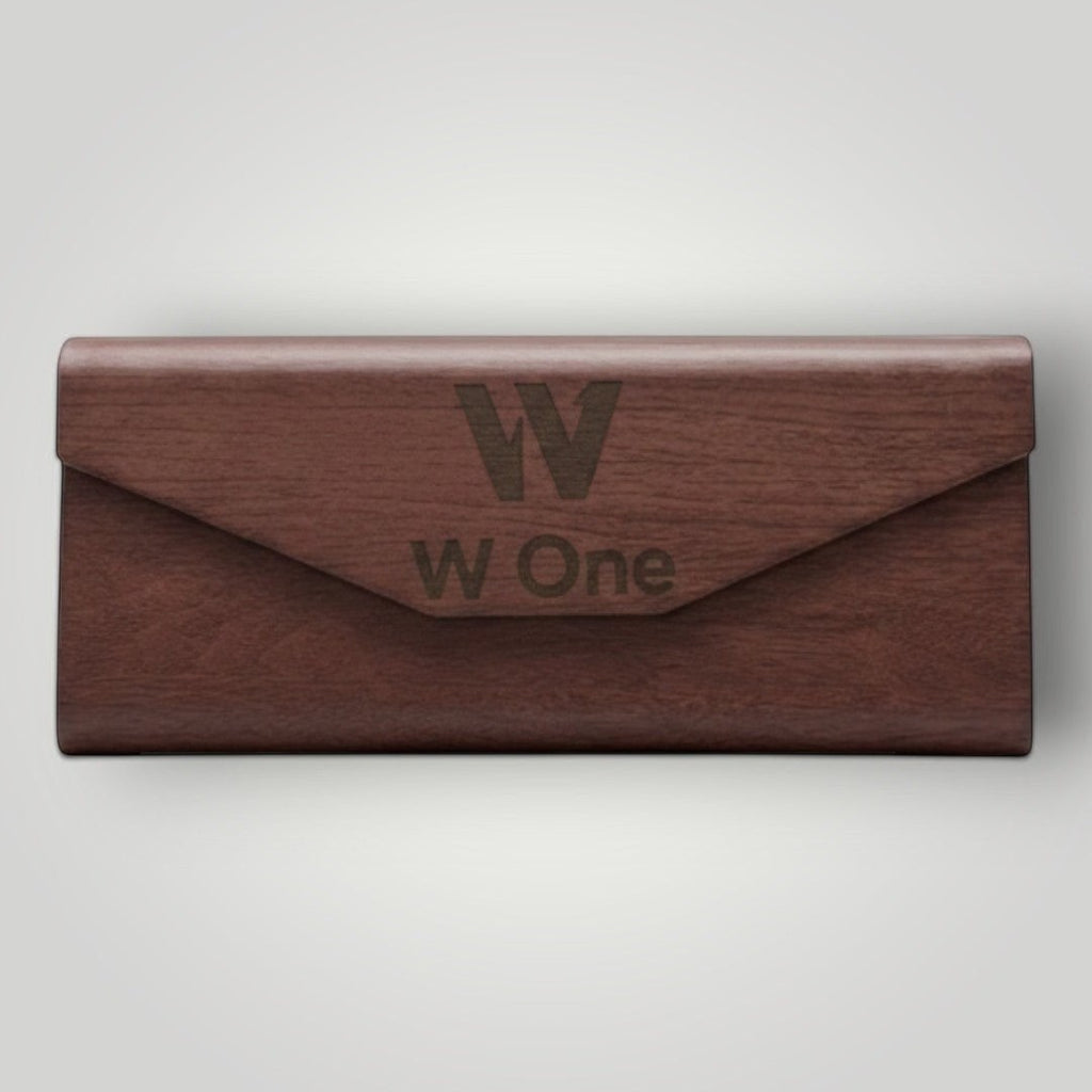 W One Brand Store brown wood grain glasses case with engraved logo and text.